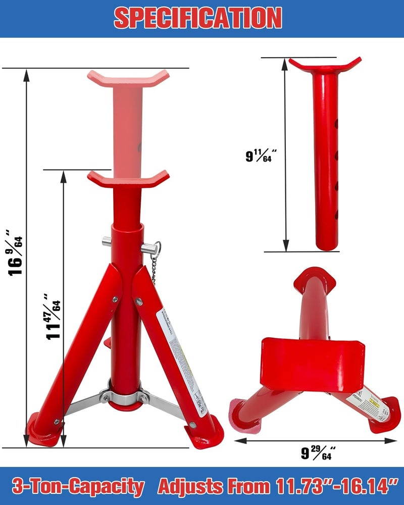 USYATO 3 Ton Foldable Jack Stands (6,600 LBs) - Heavy Duty Car Jack Stand for Trucks&SUV&DIY- Adjustable Height 11.42"-16.06" with Safety Pin - Ideal for Home Garage, Workshops, UTV/ATV - Red, 1 Pair - Image 2